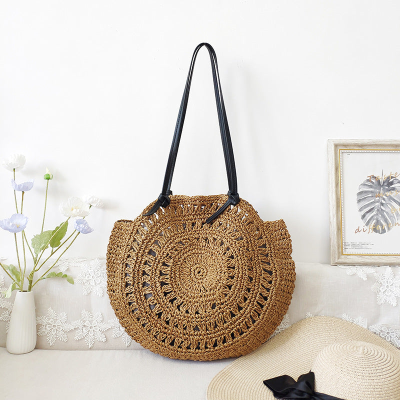 Hand-crocheted Round Hollow Shoulder Straw Bag