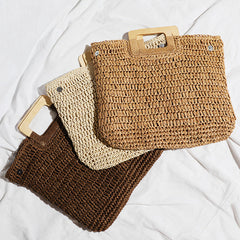 Handle Wooden Handle Woven Straw Bag