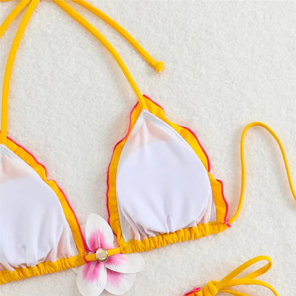 3D Flowers String Halter Triangle Bikinis Sets
