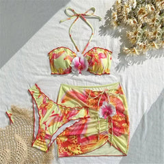 3D Flowers Swimwear with Skirts Halter String Bandeau 3 Piece Bikini Set
