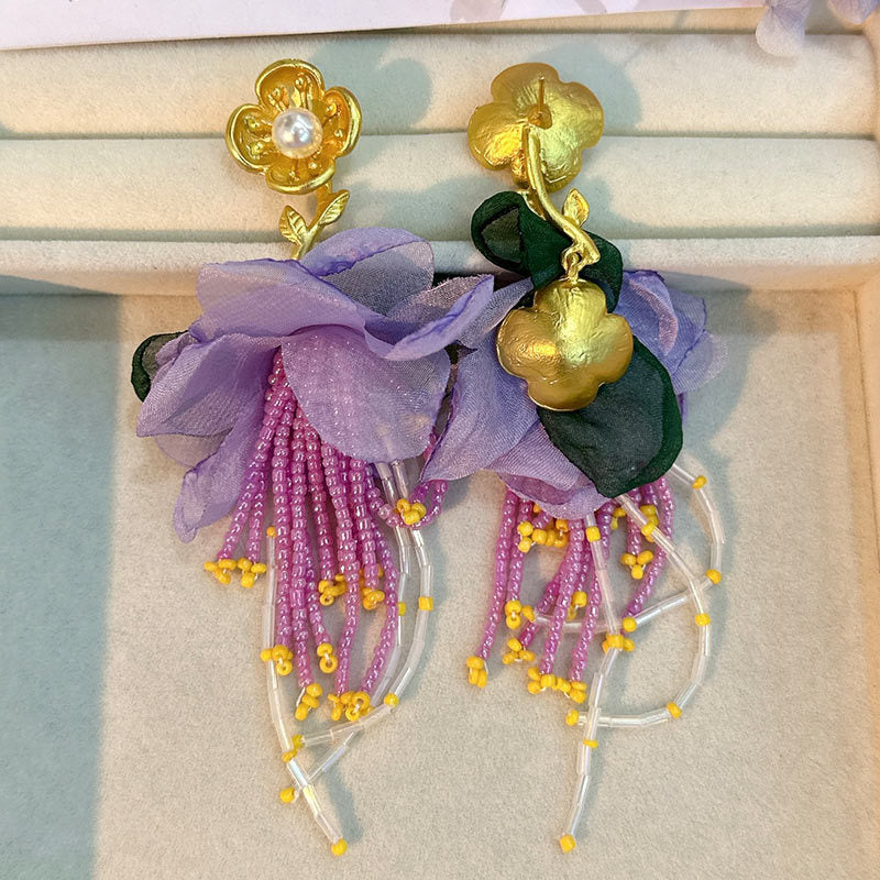 Handmade Fabric Floral Tassel Earrings