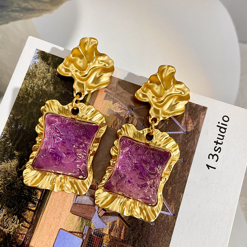 Irregular Purple Square Glass Crystal Vintage Earrings