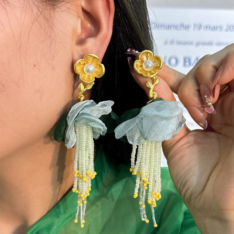 Handmade Fabric Floral Tassel Earrings