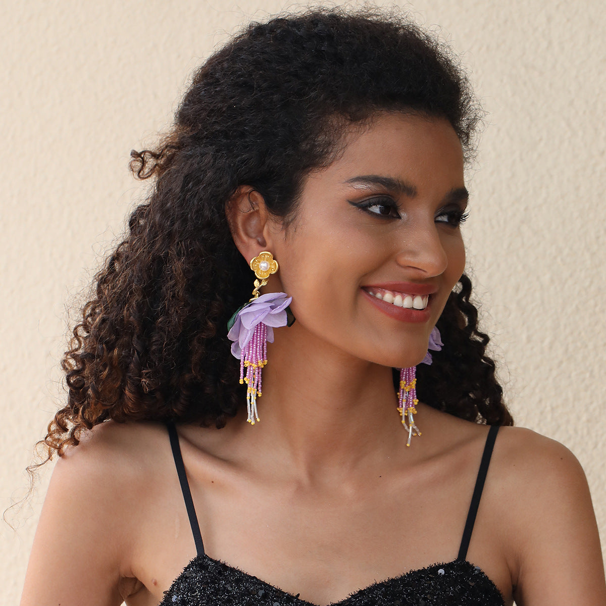 Handmade Fabric Floral Tassel Earrings