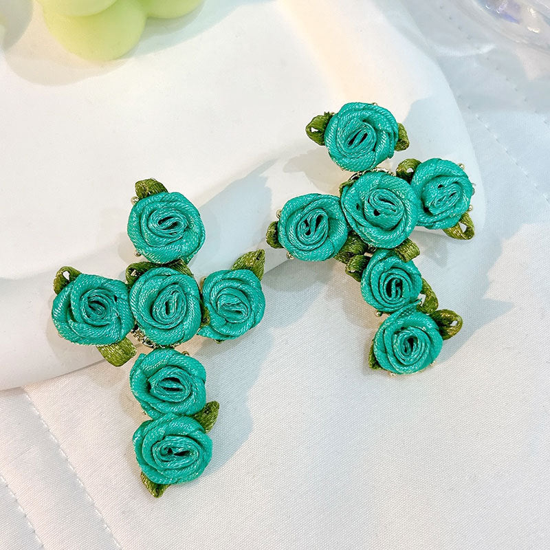 Handmade Fabric Cross Flower Earrings