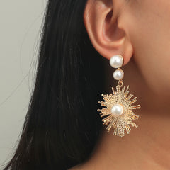 Long Pearl Sunflower Earrings