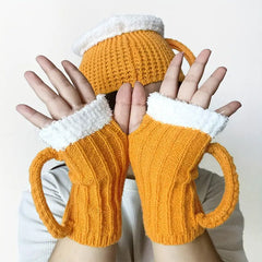 Guantes de punto de medio dedo con forma de jarra de cerveza 3D 