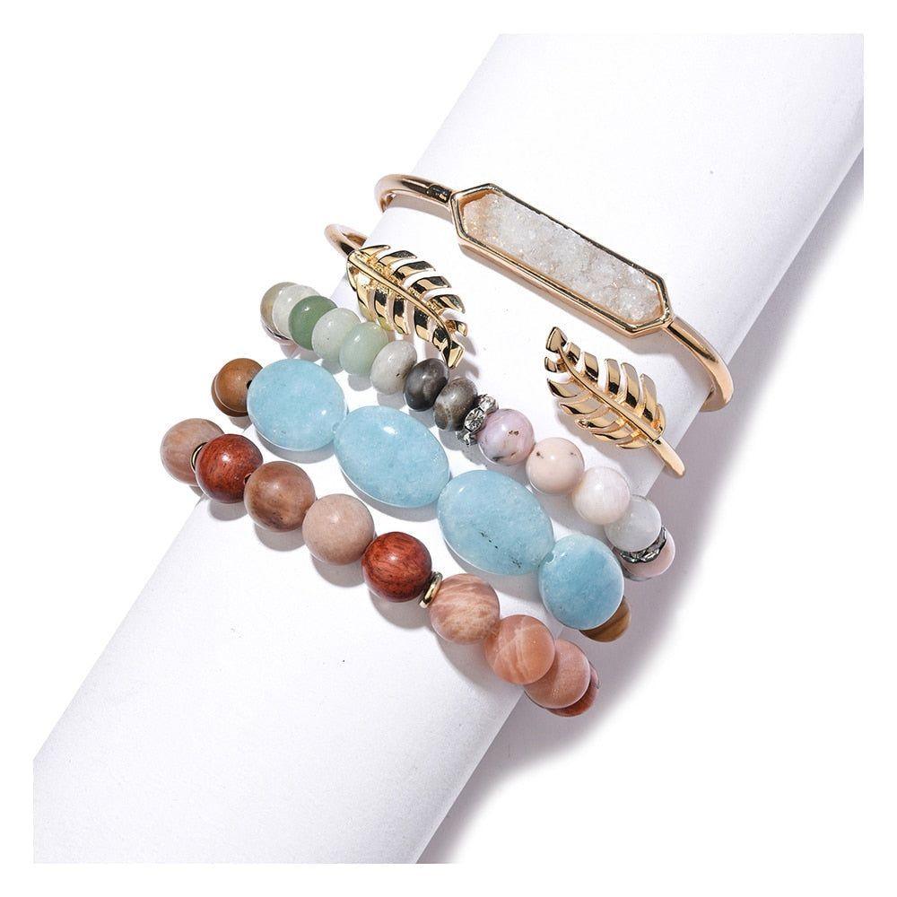 5 Pcs/set Natural Semi-precious Stone Metal Bracelets Set