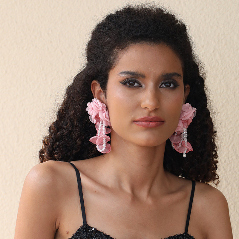 Handmade Fabric Floral Crystal Tassel Earrings