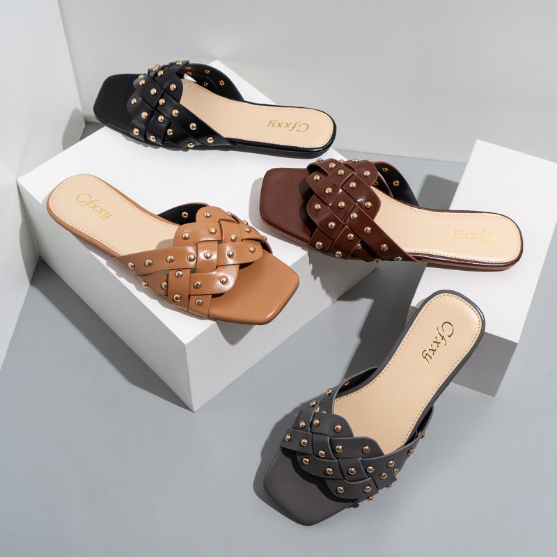 Studded Cutout Flat Slippers