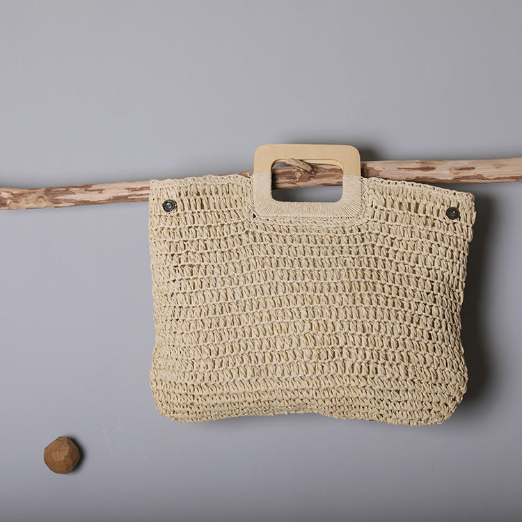 Handle Wooden Handle Woven Straw Bag