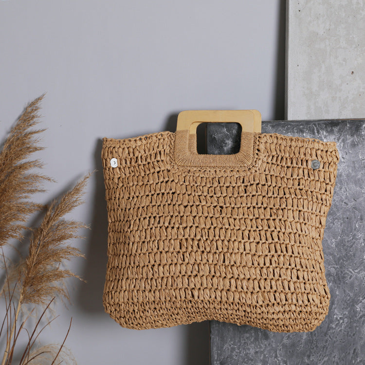 Handle Wooden Handle Woven Straw Bag