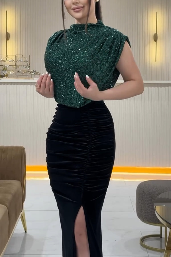 Vestido largo elástico con abertura fruncida y retazos de terciopelo con lentejuelas Fall Into You 
