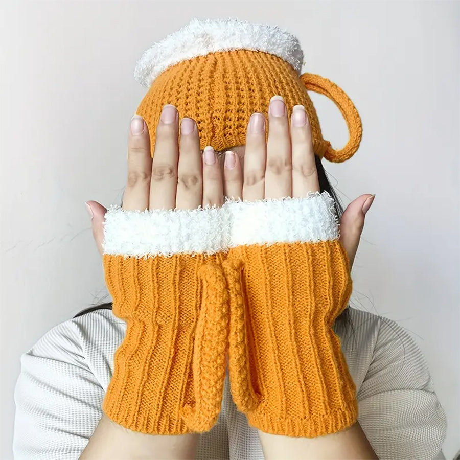 Guantes de punto de medio dedo con forma de jarra de cerveza 3D 