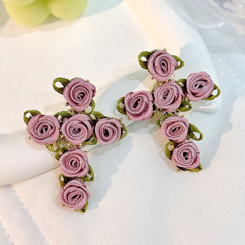 Handmade Fabric Cross Flower Earrings