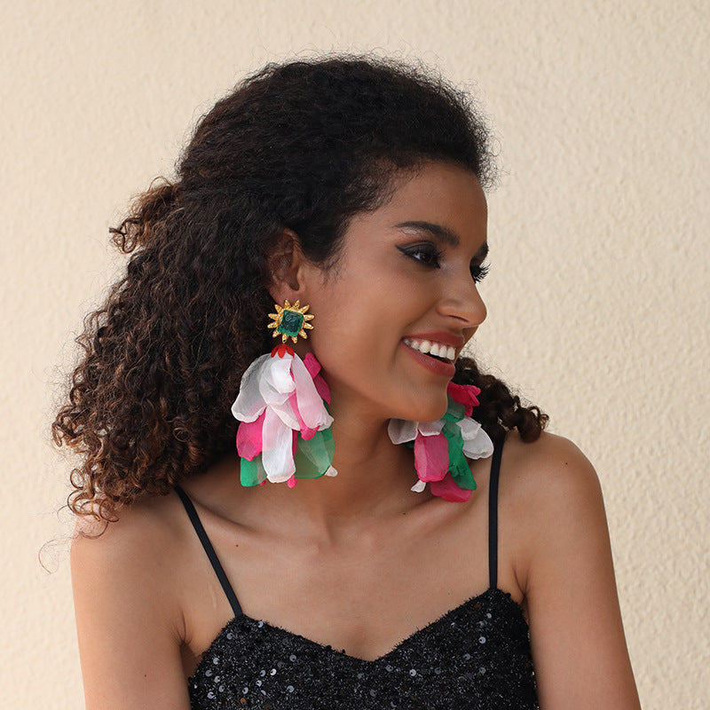 Handmade Fabric Floral Gemstone Earrings