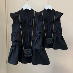 Mommy and Me Ruffled Black Tiered Dress With Bag Flaxmaker