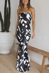 Cassy Satin Geometric Print Off Shoulder Maxi Dress