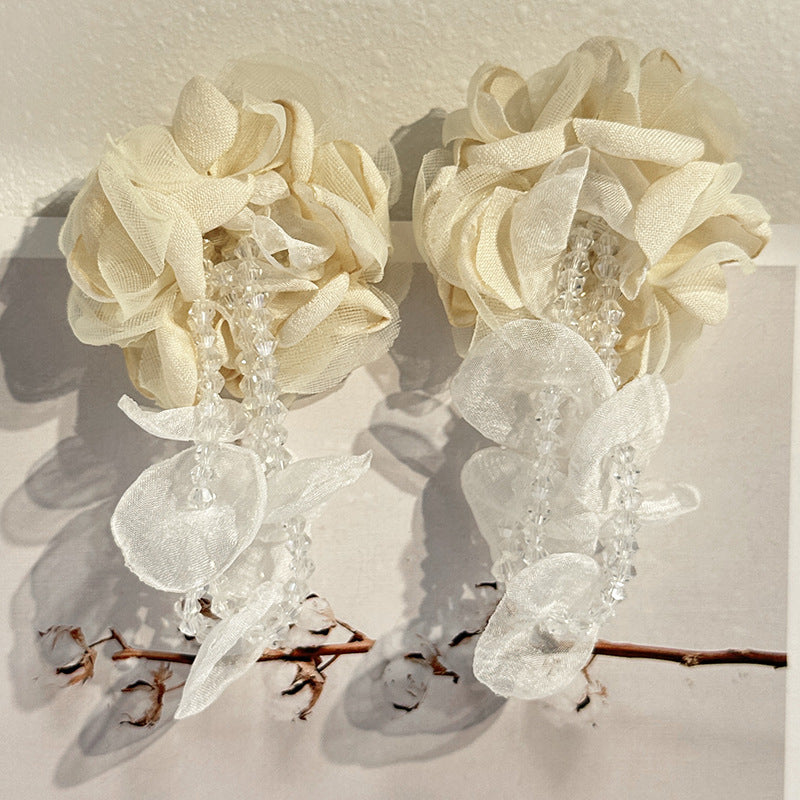 Handmade Fabric Floral Crystal Tassel Earrings