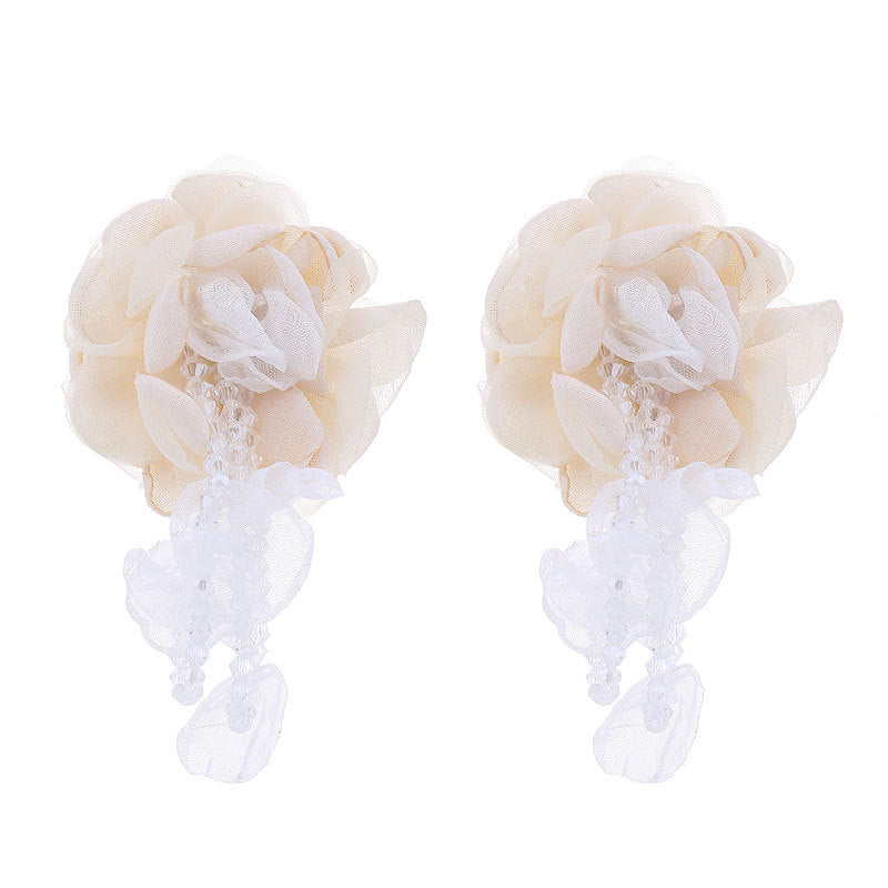 Handmade Fabric Floral Crystal Tassel Earrings