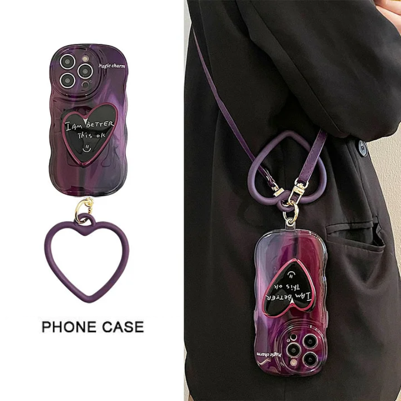 Gradient Dark Purple Heart Phone Case with Lanyard