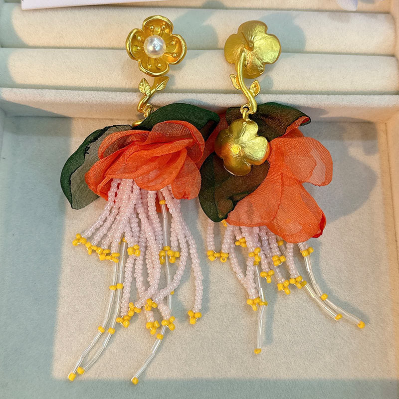 Handmade Fabric Floral Tassel Earrings