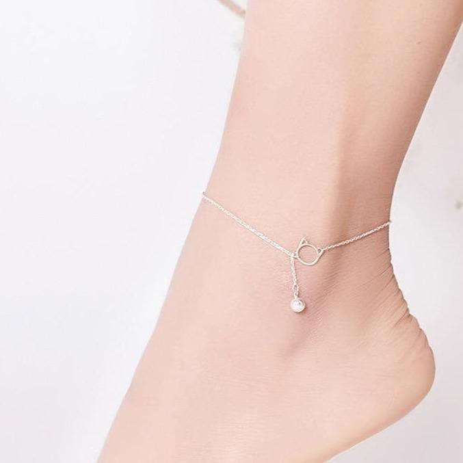 925 Sterling Silver Anklets Ball and Cat