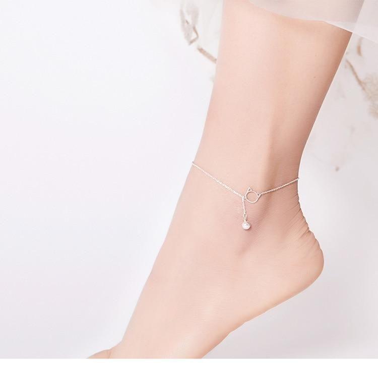 925 Sterling Silver Anklets Ball and Cat