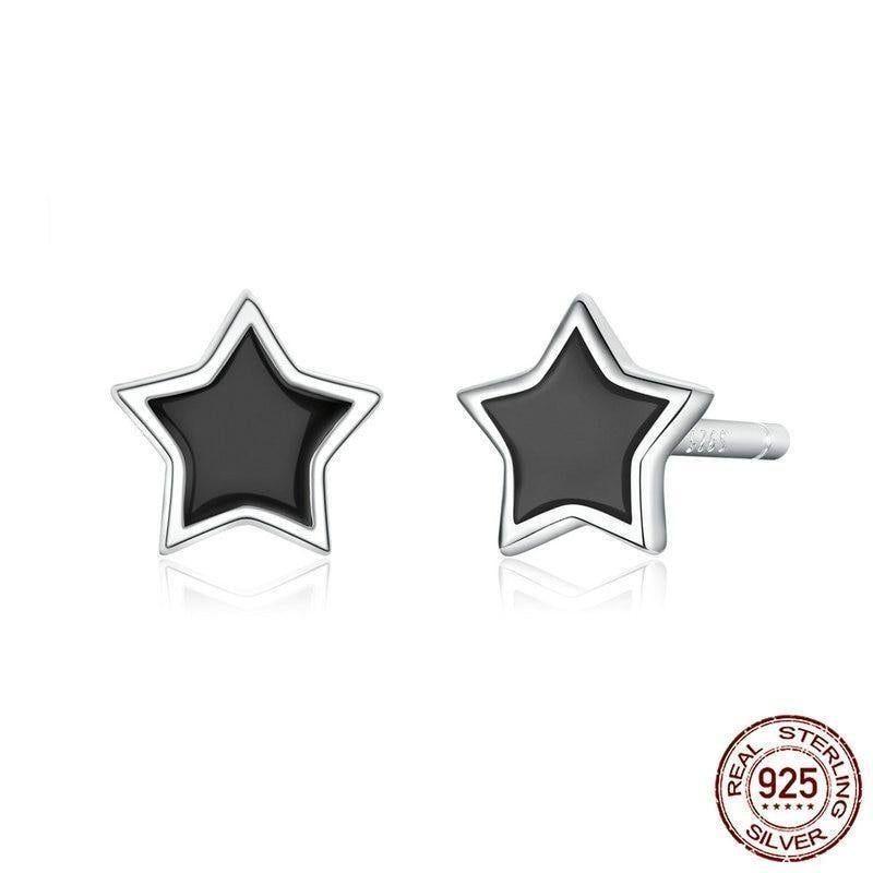 925 Sterling Silver Earrings Black Mini Star