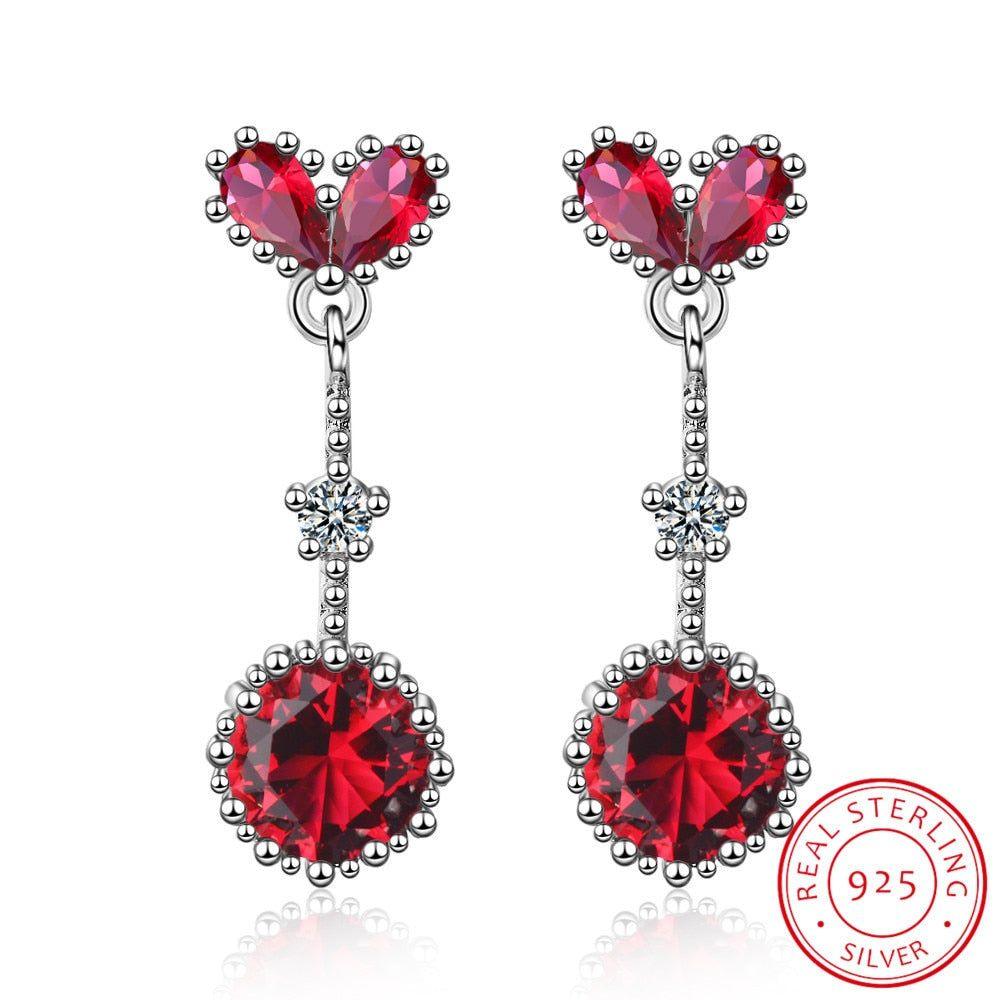 925 Sterling Silver Earrings Crystal Heart Red Blue Stone