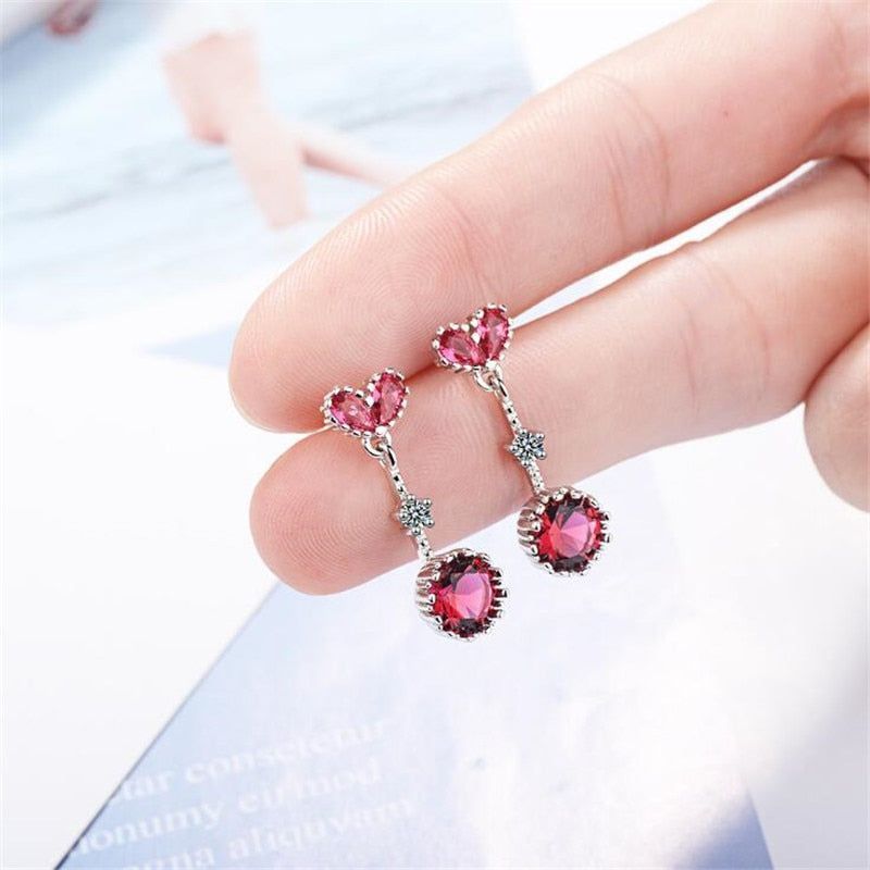 925 Sterling Silver Earrings Crystal Heart Red Blue Stone