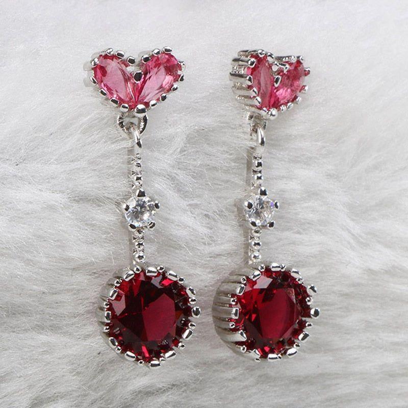 925 Sterling Silver Earrings Crystal Heart Red Blue Stone