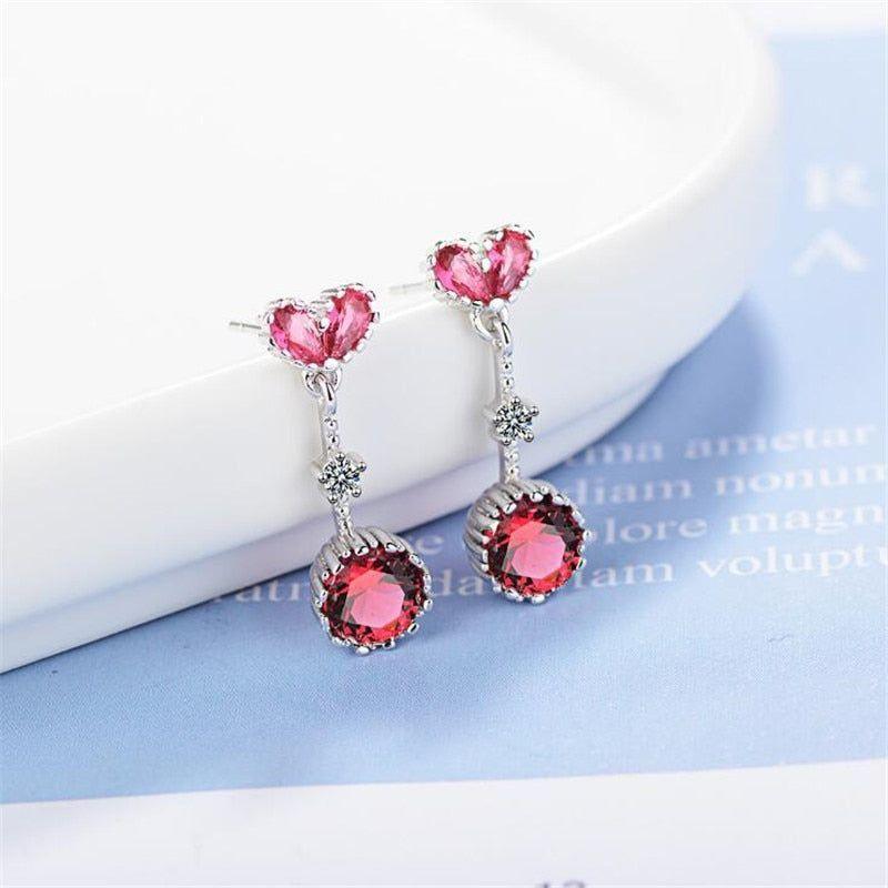 925 Sterling Silver Earrings Crystal Heart Red Blue Stone