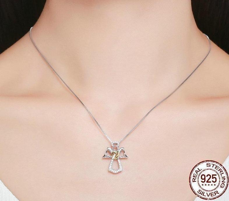 925 Sterling Silver Guardian Angel Heart Pendant Necklace