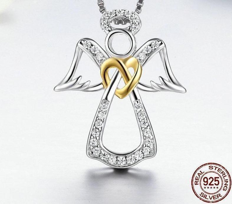 925 Sterling Silver Guardian Angel Heart Pendant Necklace