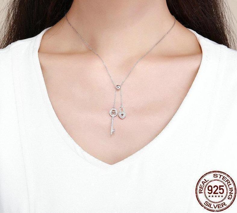 925 Sterling Silver Key of Heart Lock Pendant Necklace