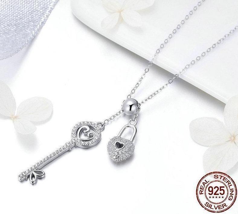 925 Sterling Silver Key of Heart Lock Pendant Necklace