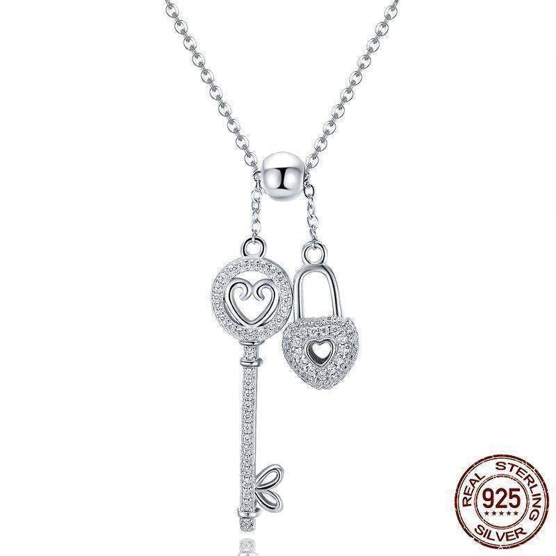 925 Sterling Silver Key of Heart Lock Pendant Necklace