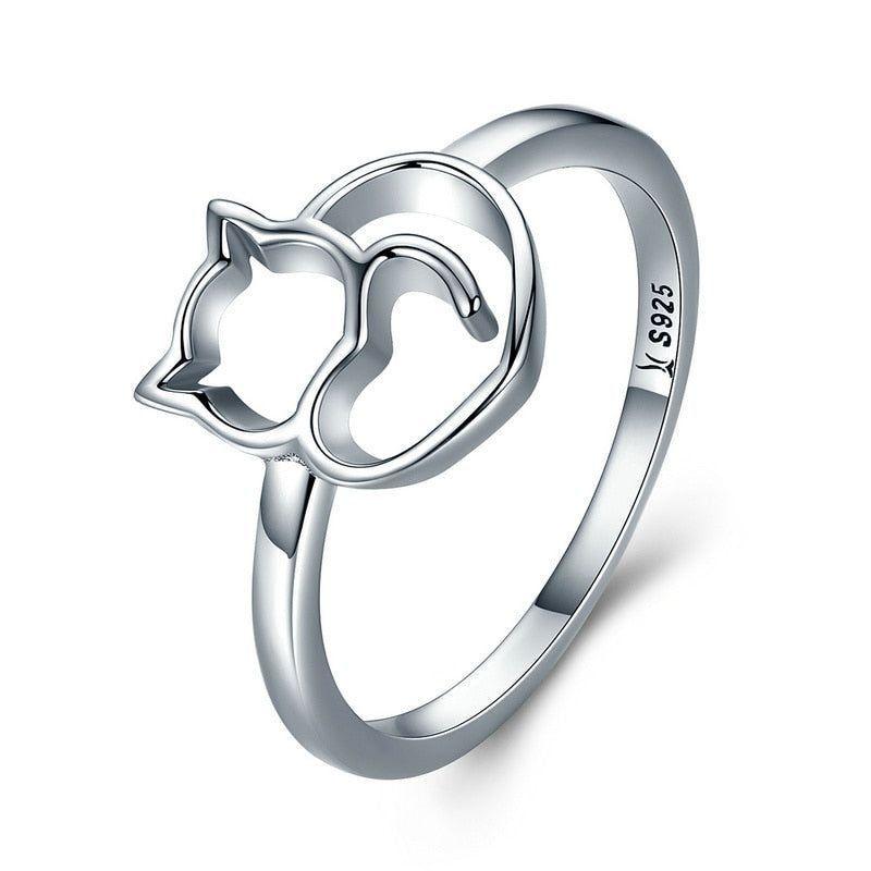 925 Sterling Silver Little Cat & Heart Finger Ring