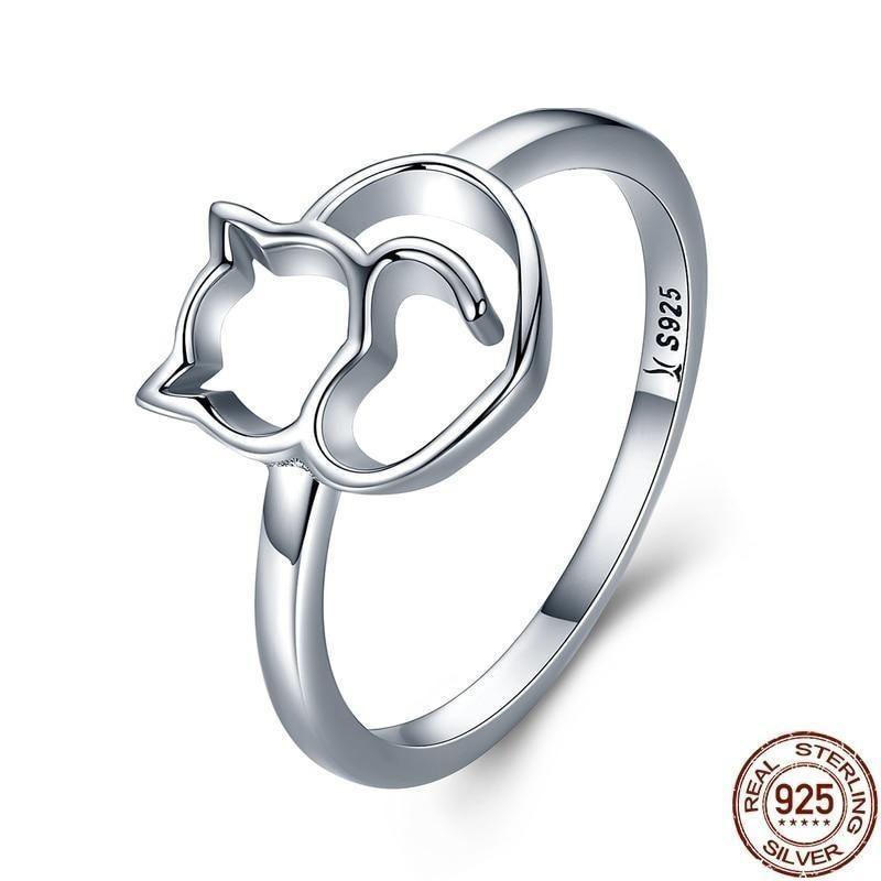 925 Sterling Silver Little Cat & Heart Finger Ring