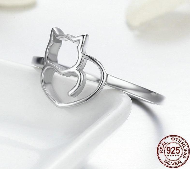 925 Sterling Silver Little Cat & Heart Finger Ring