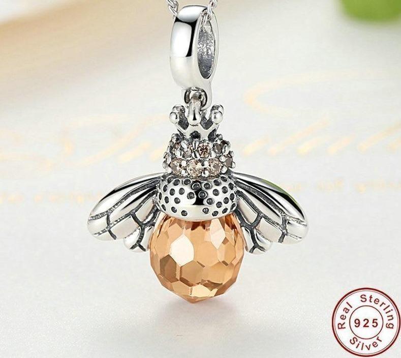 925 Sterling Silver Lovely Orange Bee Pendants Necklace