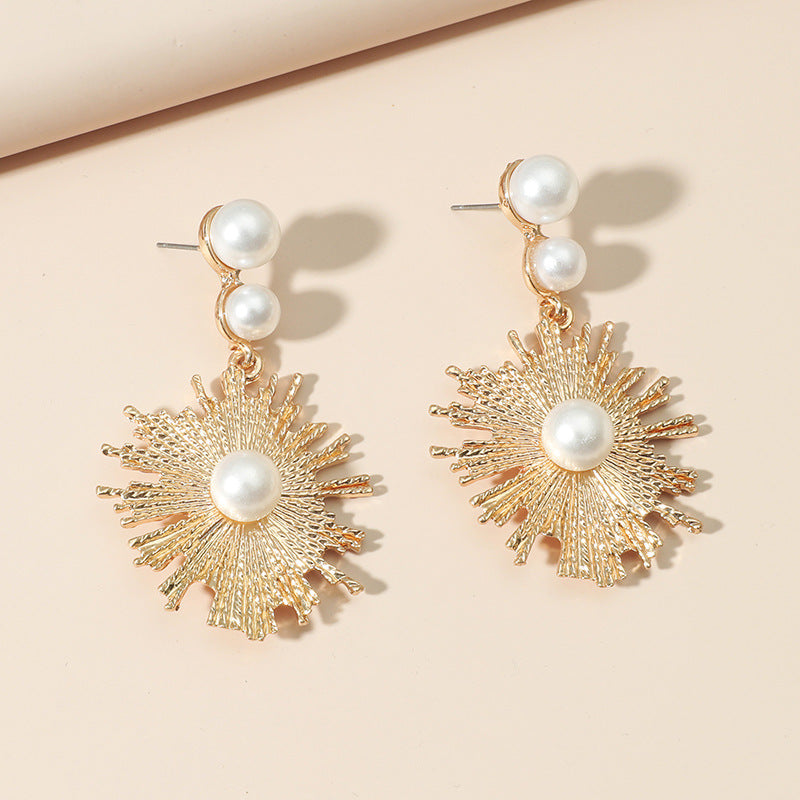 Long Pearl Sunflower Earrings