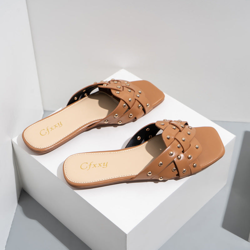 Studded Cutout Flat Slippers