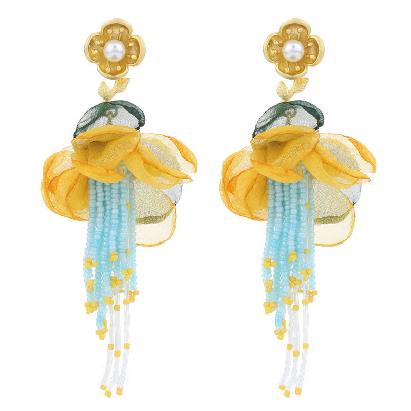 Handmade Fabric Floral Tassel Earrings