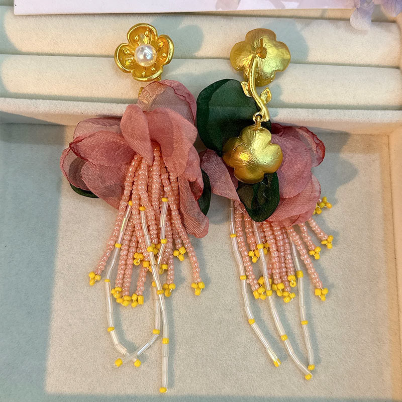 Handmade Fabric Floral Tassel Earrings