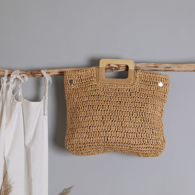 Handle Wooden Handle Woven Straw Bag