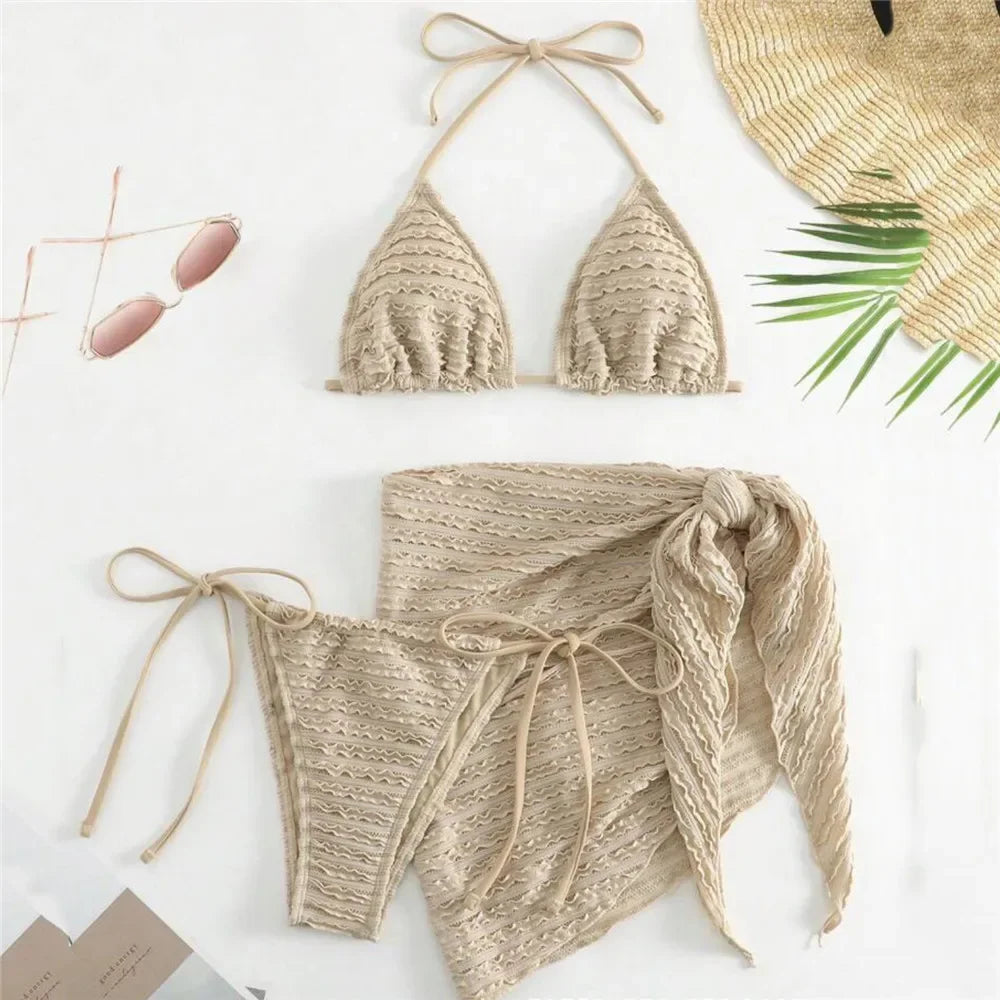 Army Green Solid Swimwears 3 Piece Halter Triangle Bikini Set