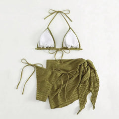 Army Green Solid Swimwears 3 Piece Halter Triangle Bikini Set