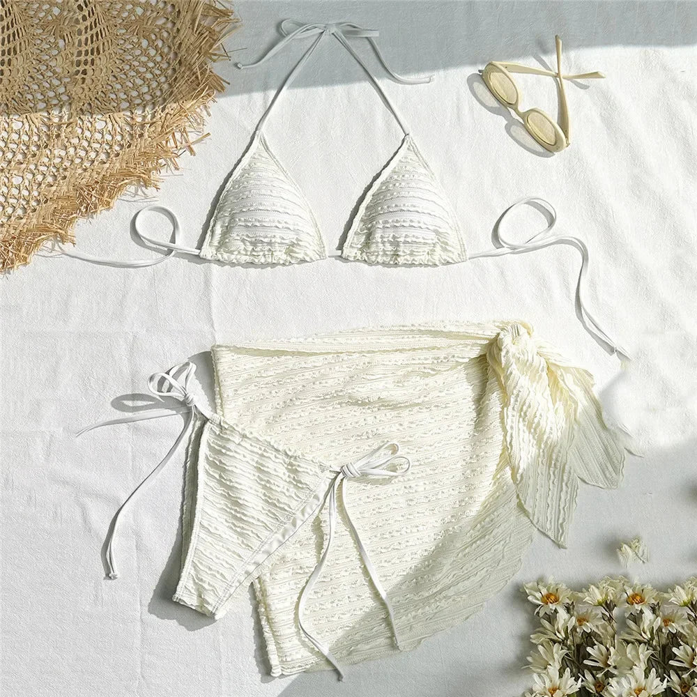 Army Green Solid Swimwears 3 Piece Halter Triangle Bikini Set